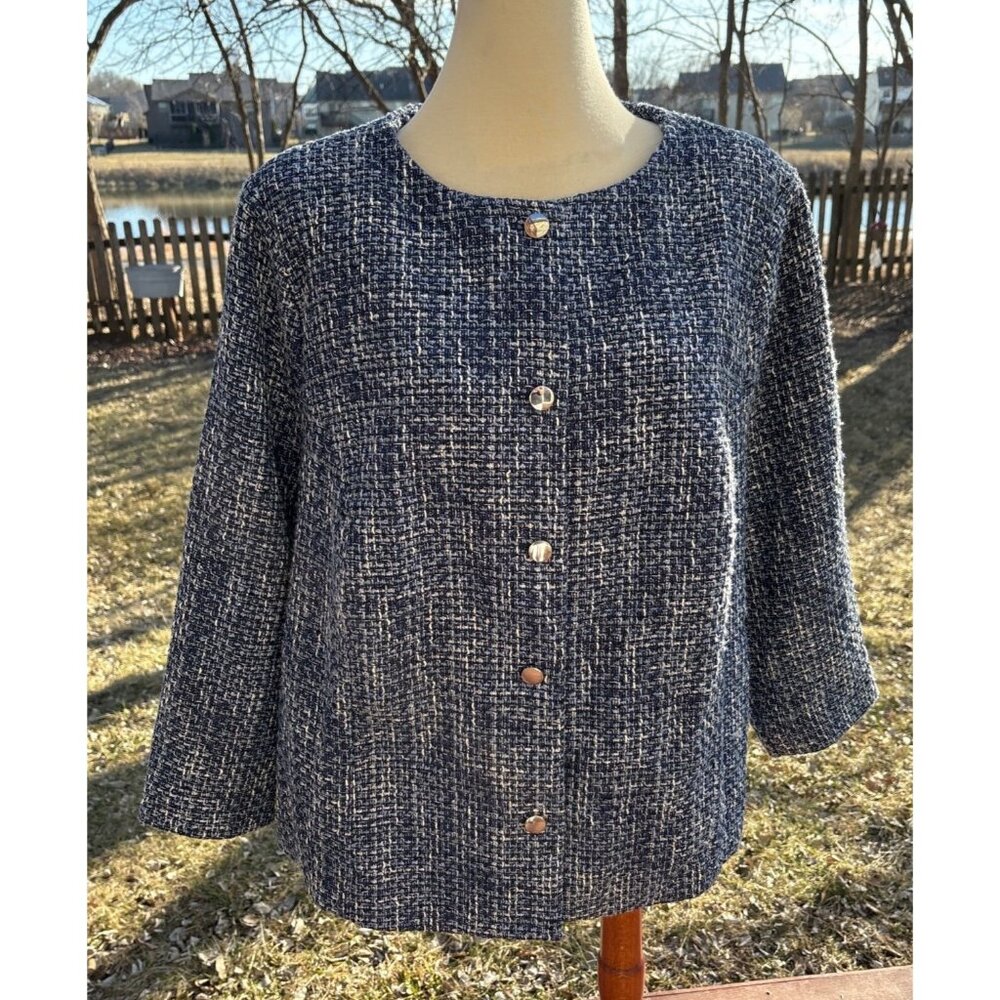 Jessica London Blue Tweed Boucle Blazer Jacket Elegant Textured Professional Wom